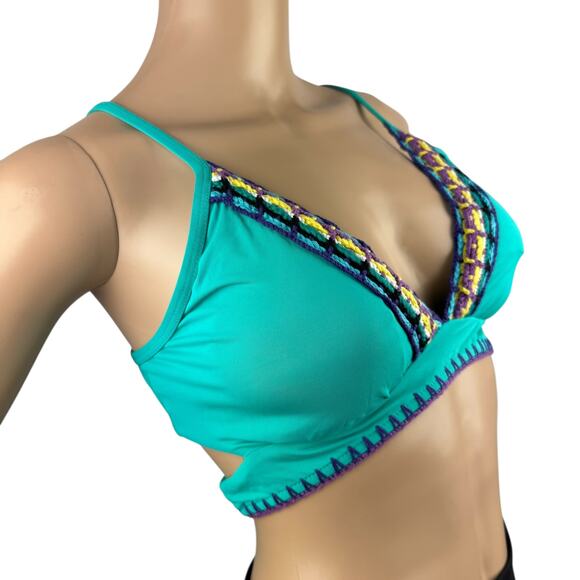 New Isabella Rose Blue Crochet Trim Removable Cups Split Strap Bikini Top L - Picture 4 of 6